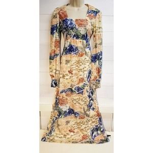 Vtg RARE 70s Seventies L/S MAXI Dress Slinky Boho Beach Neutrals M/L Vintage